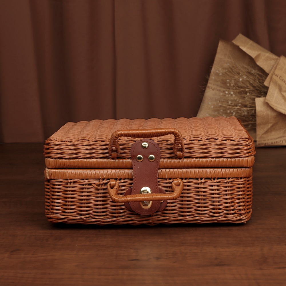 Caja de tejida, caja de almacenamiento de mimbre tejida de simulación, Retro con asa, maleta de boda, cestas tejidas para Picnic en el hogar, boda: Maíz color