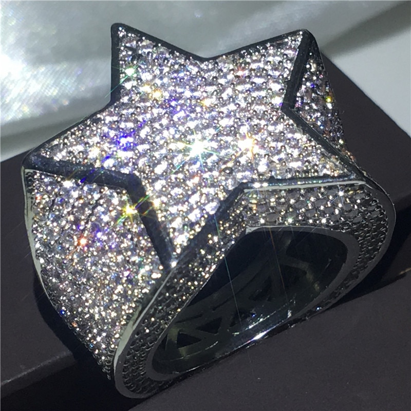 Bague hip-hop pour homme, grande étoile, pavée de 500 zircons aaaaaa, alliance de fiançailles pour homme, bijoux rock glacés
