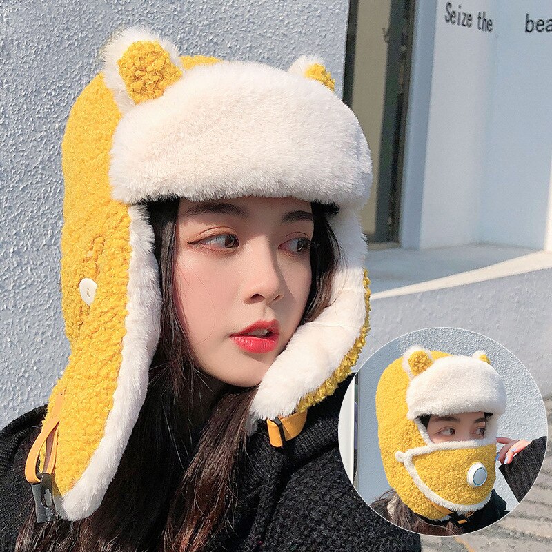 Gorro térmico 3 en 1 de piel para mujer, gorro con solapa para las orejas, máscara de esquí, para chica, a prueba de viento, Ushanka, Border, gorros de piloto