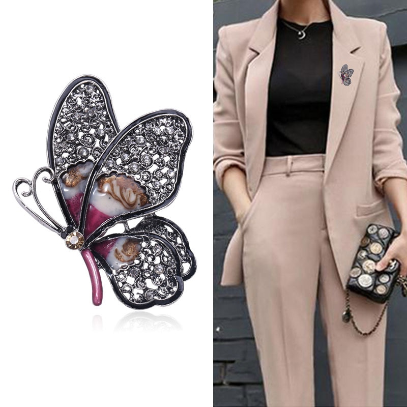 JUJIE Gun Black Big Butterfly Brooch Crystal Animal Personality Brooches For Women