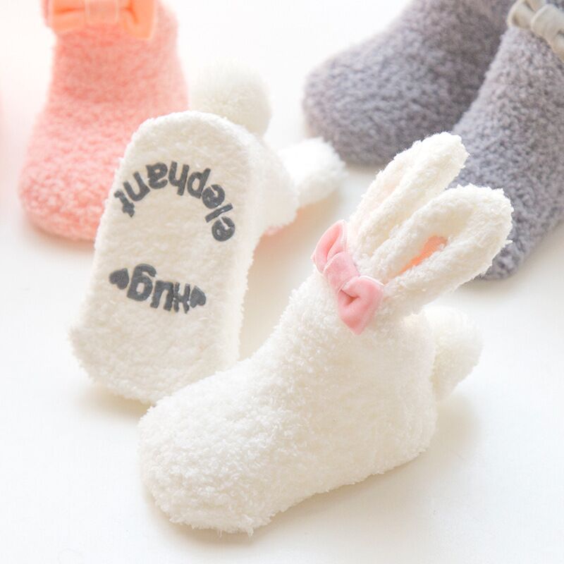 Coral Fleece Baby Meisje Sokken Leuke Konijn Kinderen Sokken Met Bogen Winter Anti-Slip Infant Toddler Kids Indoor Vloer sokken 1-3Y