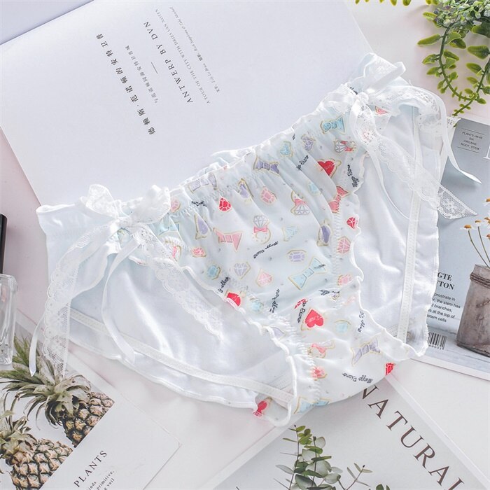 Japanese Lolita Women Sweet Panties candy Print Cute Bowknot Lace Breathable Underwear romantic Teen Girls Kawaii 3 Color Briefs: Blue / XL