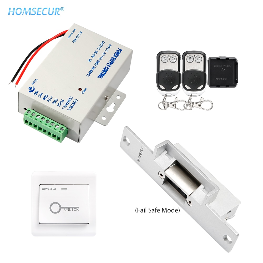 HOMSECUR Door Access Control Accessories Strike Lock Set with Power Supply+Remote Controller+Exit button+NC Strike Lock