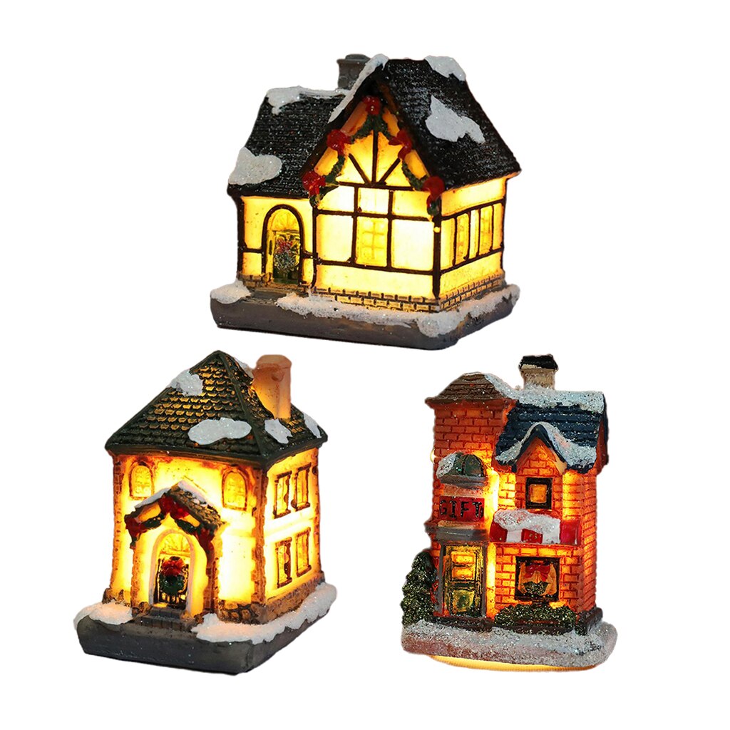 3Pcs 6-8Cm Kerst Licht Up Winter Dorp Miniatuur Huis Ornament Model