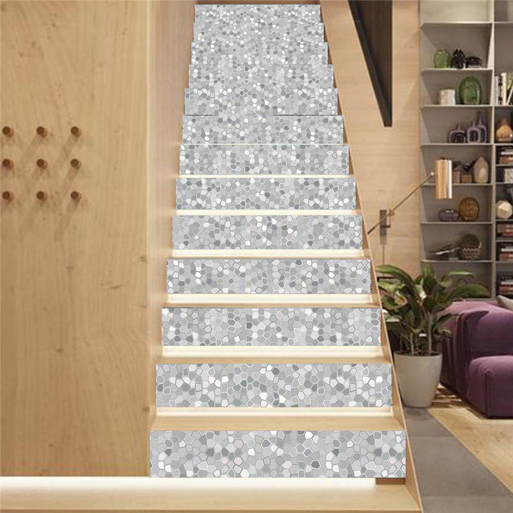 Juego de 13 unidades de pegatinas para escaleras de mosaico de Pvc blanco y gris, decoración para el hogar Diy, adhesivos creativos para azulejo de pared impermeable, pegatinas para escalones