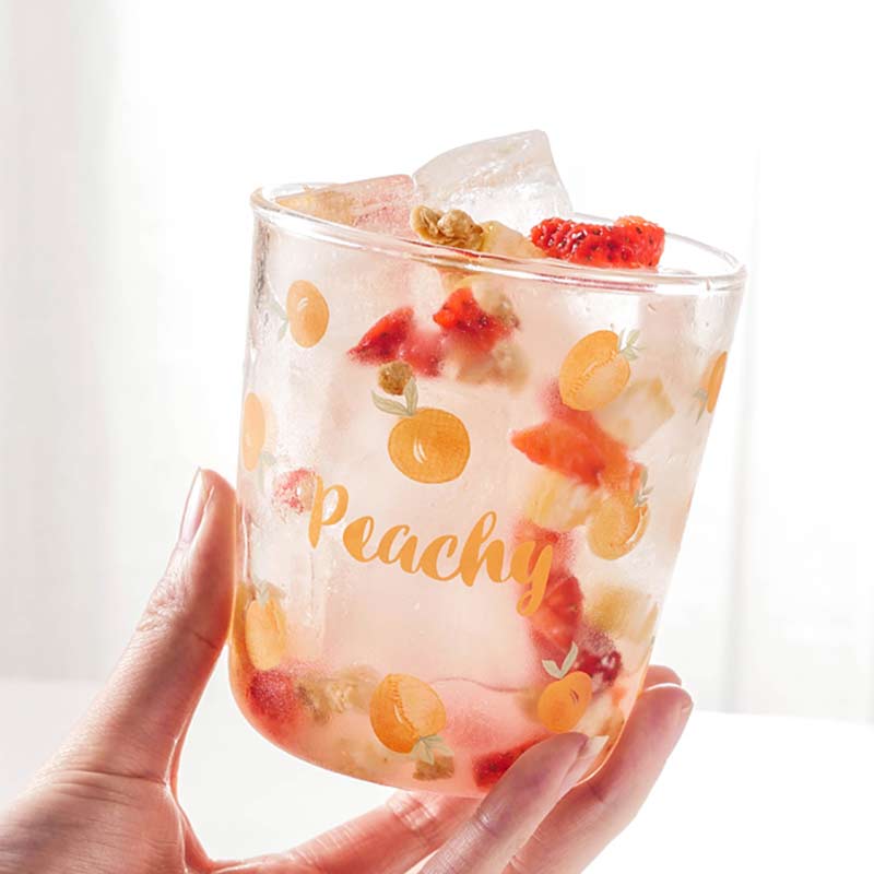 450ml Fruit Printed Glass Cup Transparent Glass Cuffee Mug Flower Tea Juices Milk Cup Breakfast Drinkware Xmas