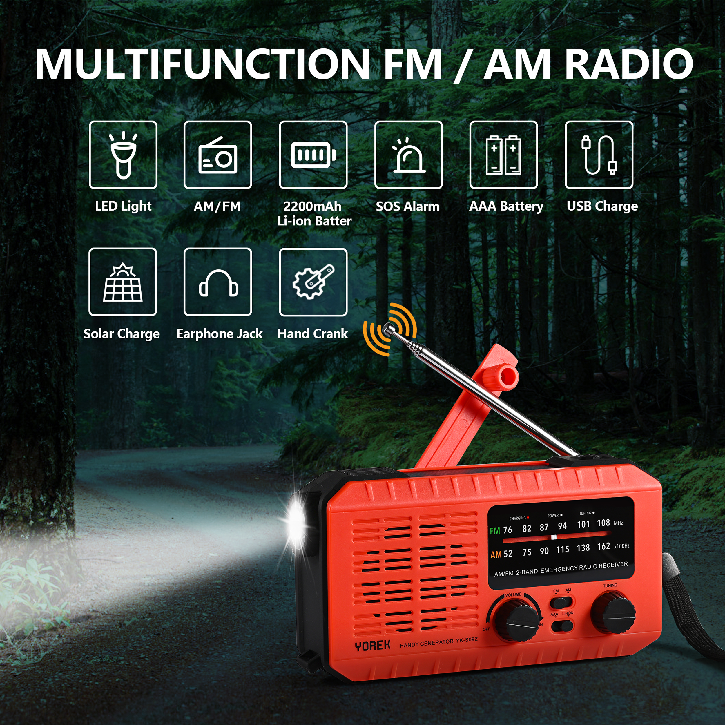 Yorek Emergency Hand Crank AM FM Radio, With 2200mAh replaceable 18650 battery, Solar Radio with LED Flashlight, SOS Alert