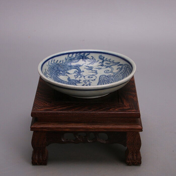 CHINESE OLD BLUE AND WHITE DRAGON AND PHOENIX PATTERN PORCELAIN PLATE