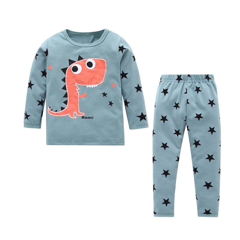 Children Boys Girls Dinosaur Print Sleepwear Sets Long Sleeve T Shirts Long Pants Cute Casual Homewear Cartoon Knitted Cotto: Blue 3-4T