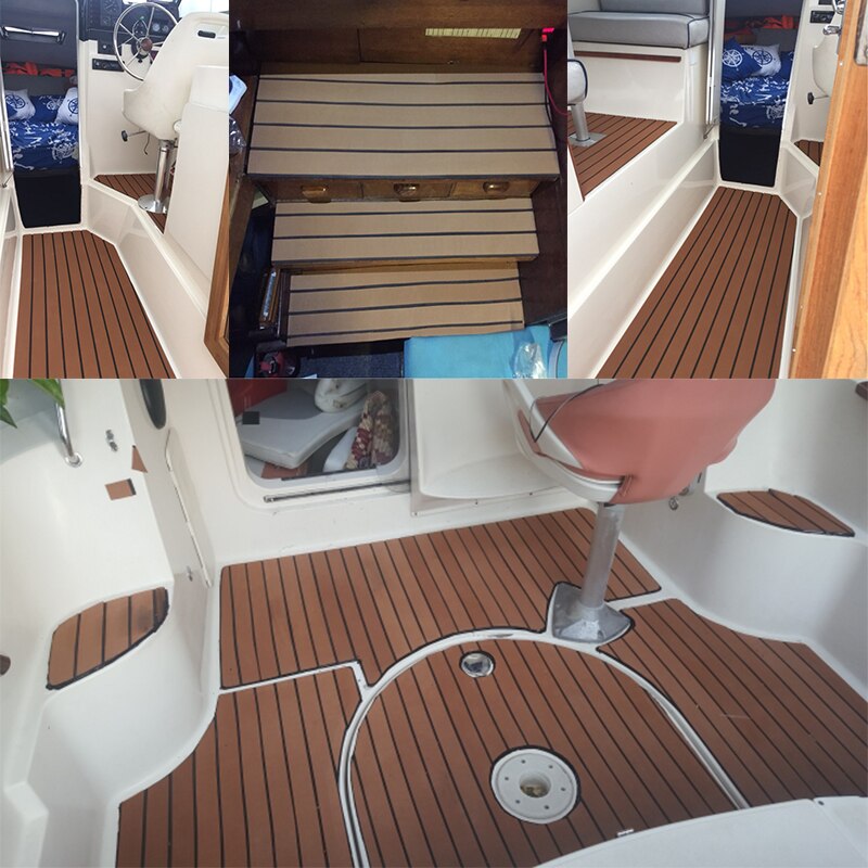 Selvklebende EVA Båt Yacht Gulvbelegg - 58x240cm - Imitasjon Teak - Brun med Svarte Striper
