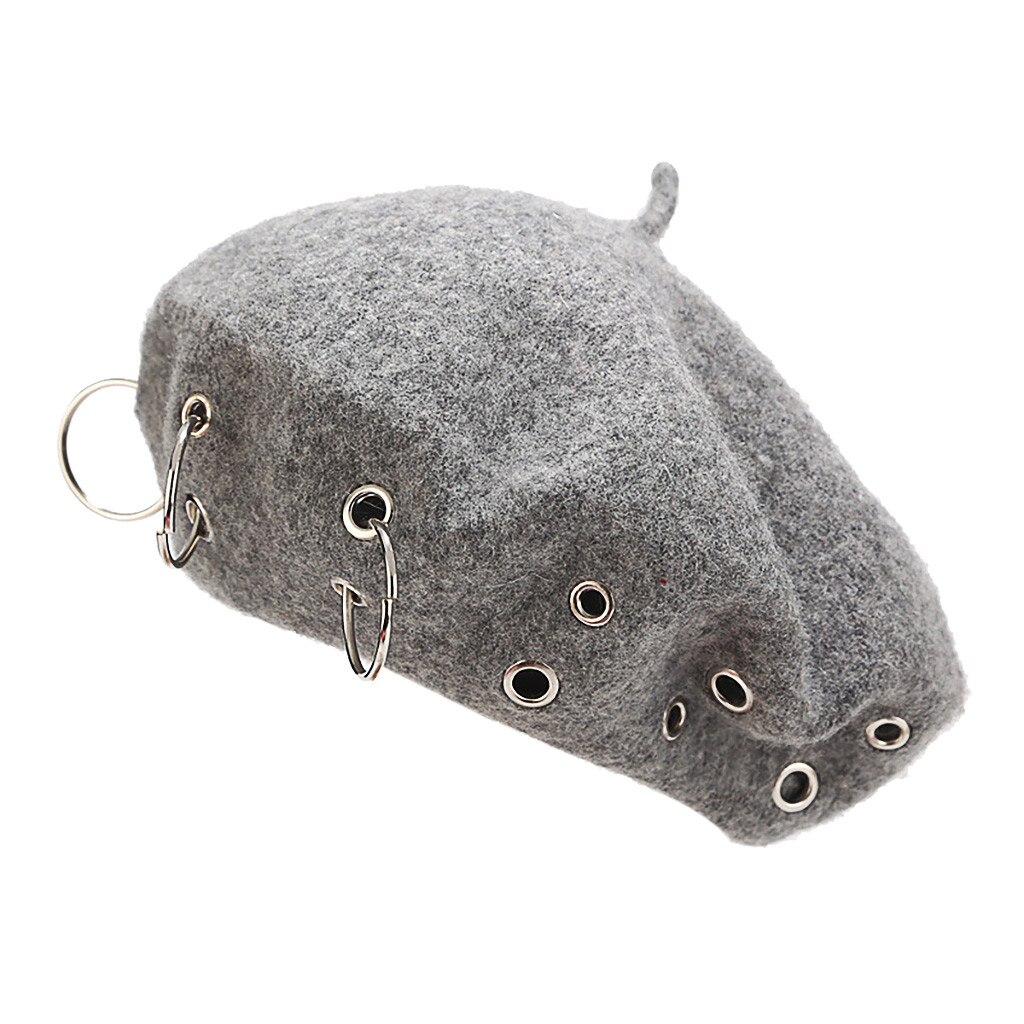 Boina Harajuku de estilo Punk Rock para mujer, boina con aros de hierro, gorros de lana Retro, boinas de pintor de lana negra: Gris