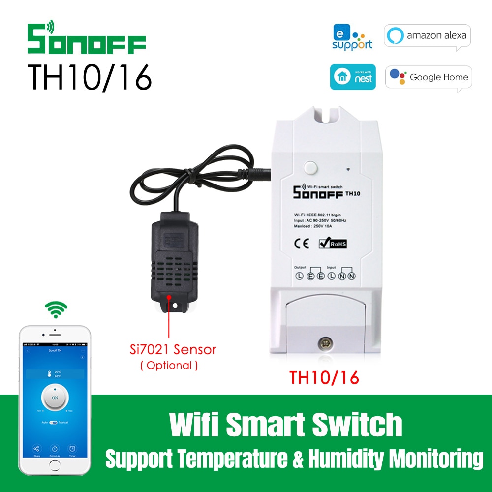 Sonoff-interruptor inteligente TH16 TH10 con Wifi, 16A, 10A, Sensor de monitoreo de temperatura y humedad, Automatización del hogar inteligente
