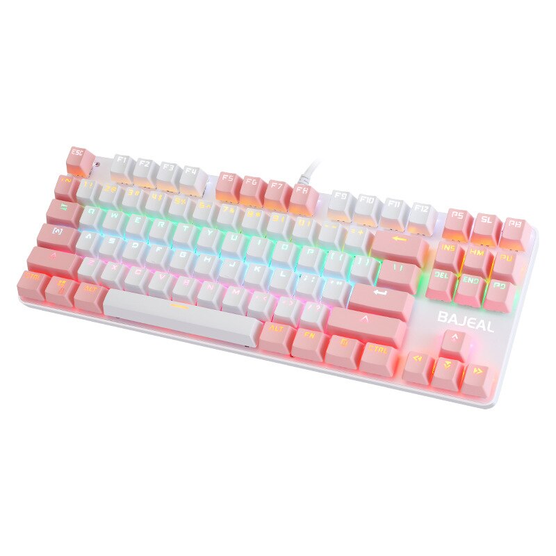 BAJEAL K100 Two-Color Keyboard 87-Key Green Axis Keycap USB Wired Mechanical Keyboard Gaming: WhitePink