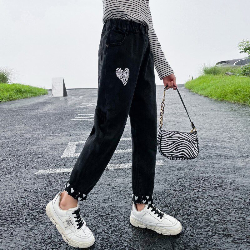 Pantalones vaqueros negros para niños y niñas adolescentes, pantalones bombachos informales de a la con estampado, talla nueva 2022, primavera y otoño, 10/12