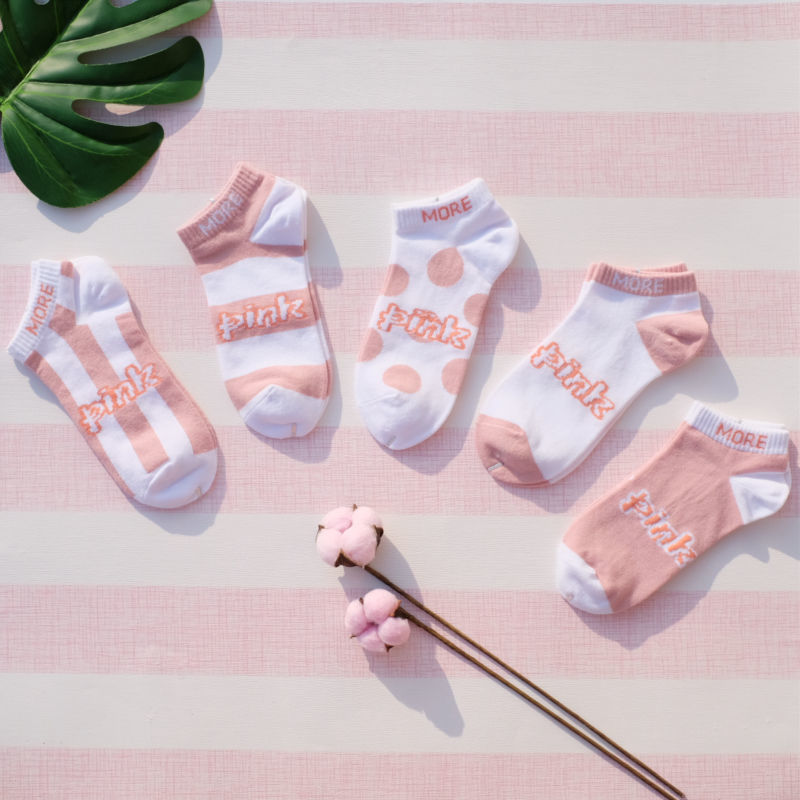 5 paar roze sokken met kleurrijke grappige sokken, roze letters, voetbalsokken, harajuku streetwear enkelsokken
