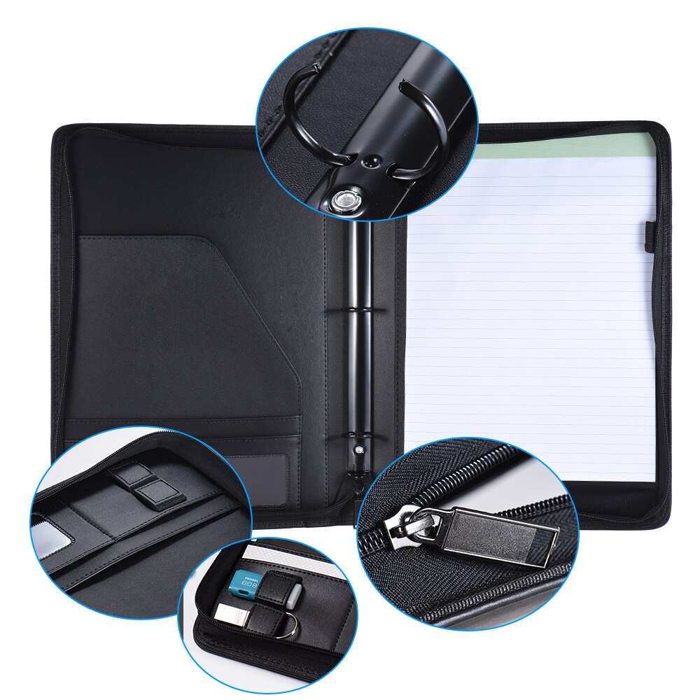 Carpeta de documentos de cuero A4 PU, suministros de oficina, portafolio de negocios, carpeta portafolios, estuche para documentos, organizador, cierre con cremallera