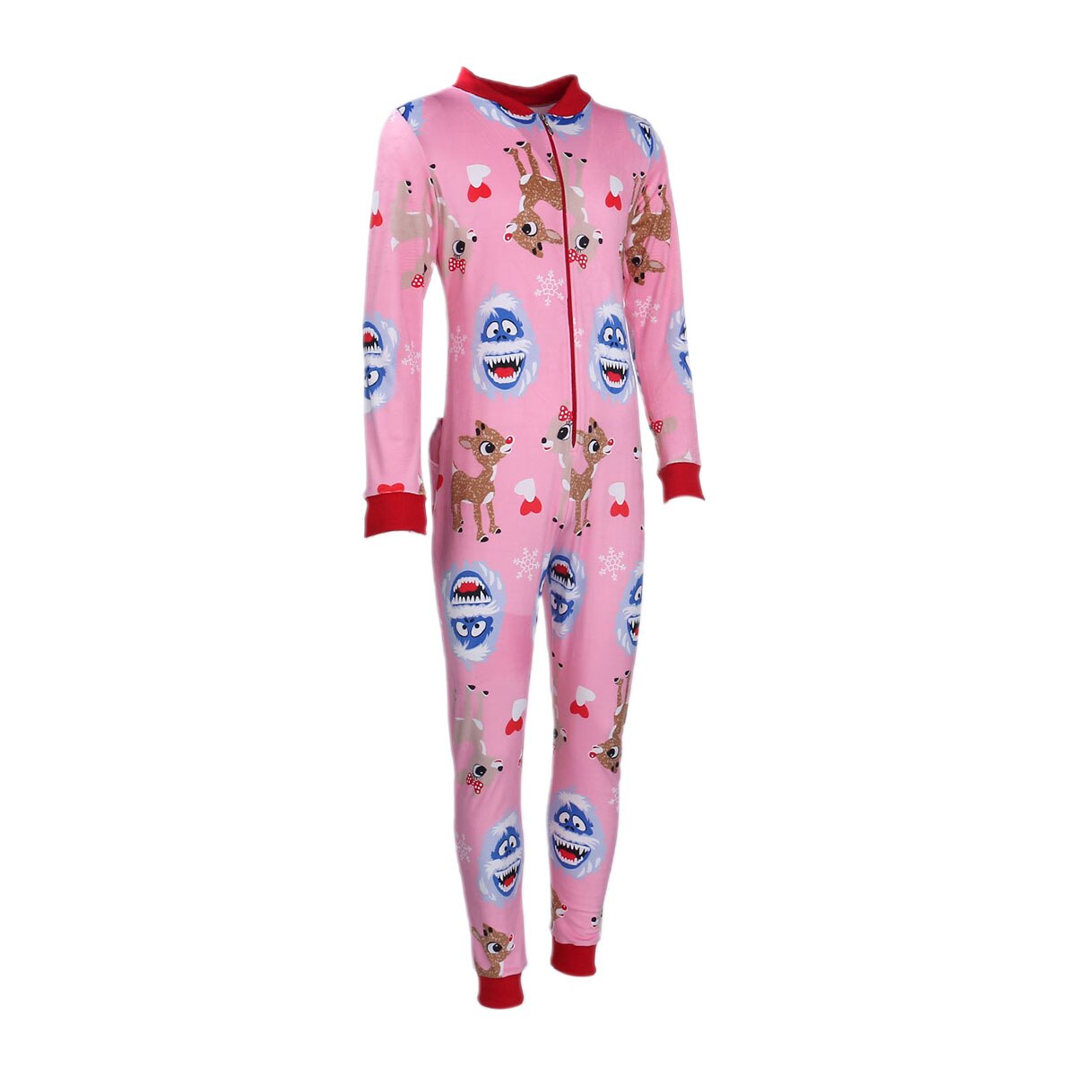 Vrouwen Xmas Junpsuits Cartoon Herten/Sneeuwman Printing Lange Mouwen Casual Sexy Jumpsuit Met Rits Open Voor Meisjes plus Size: Roze / M