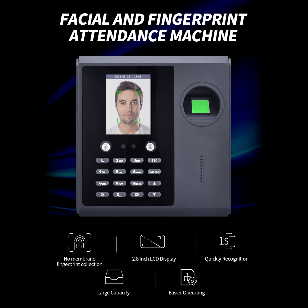 Appareil pour présence faciale, mot de passe et empreintes digitales, large application, écran LCD 2.8 pouces, plus facile à utiliser