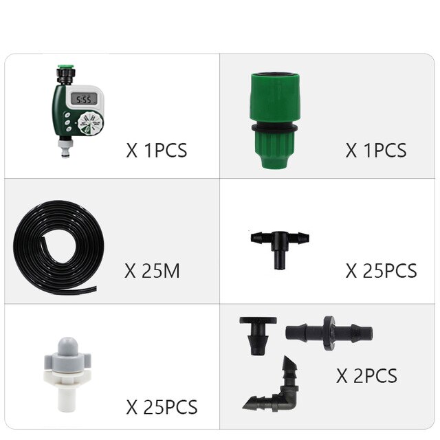 Garden Automatic Irrigation System, Drip Irrigation Kit, Irrigation Timer, Atomization Cooling Kit, For Garden, Courtyard: 25M And Timer
