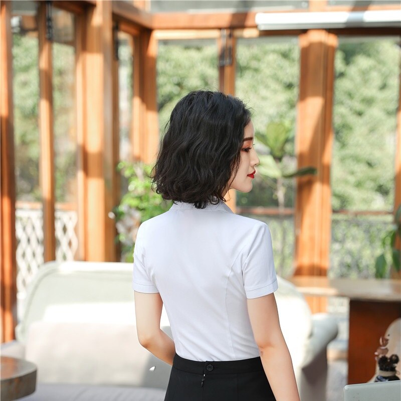 White Summer Short Sleeve Blouses & Shirts For Women Business Work Wear Blouse Female Tops Clothes Uniform Styles
