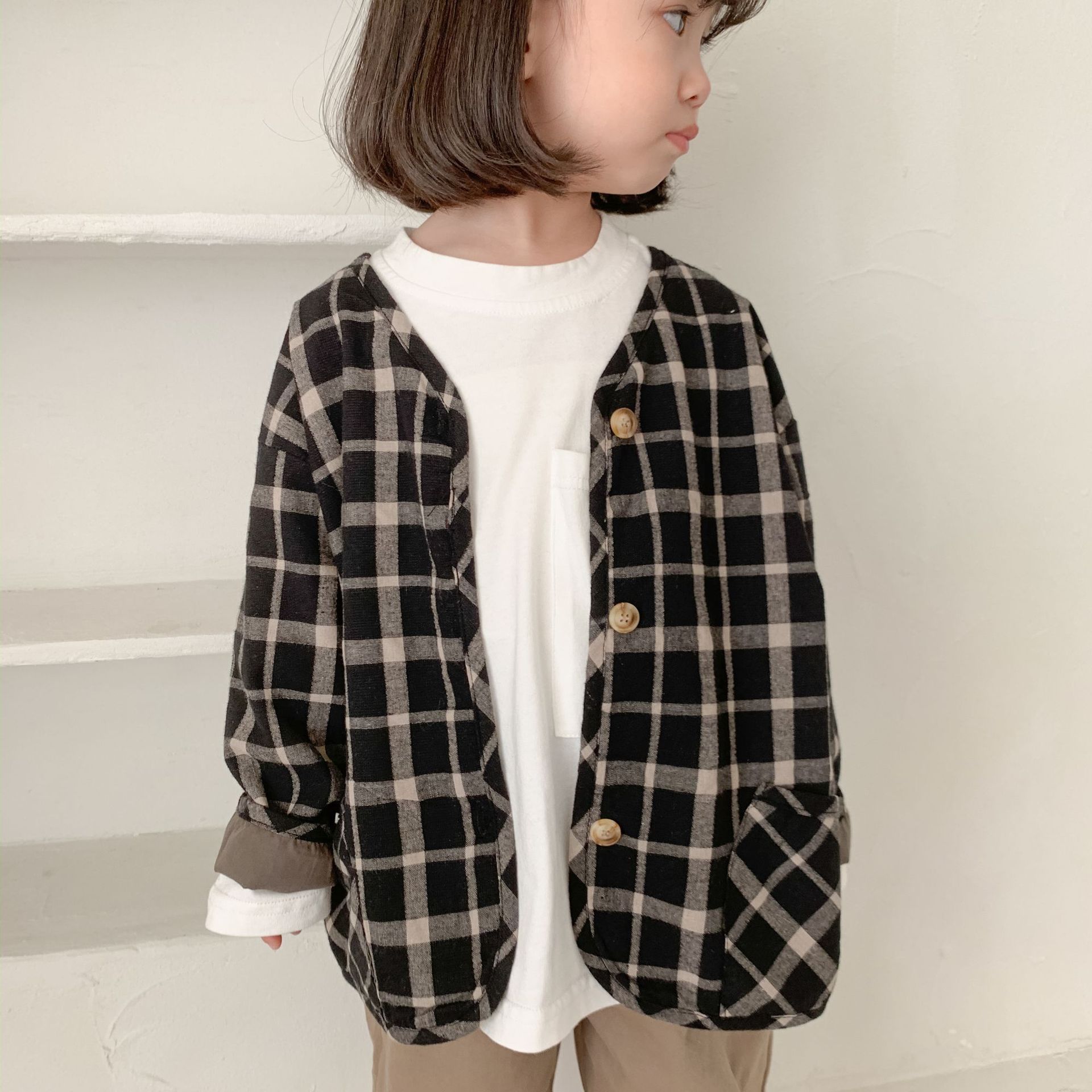 Frühling herbst freundlicher baumwolle leinen Plaid jacken jungen und mädchen Koreanischen stil verlieren beiläufige mäntel freundlicher mäntel: schwarz / 4T