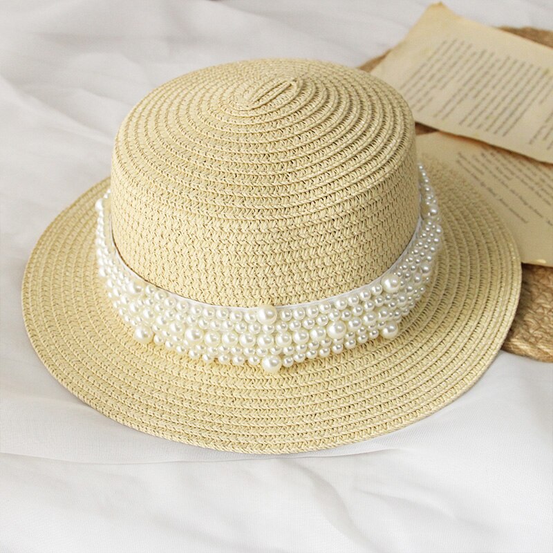 Kids Meisjes Schipper Strohoed Outdoor Brede Rand Zee Zomer Strand Platte Top Zon Caps Met Parel Decoratie Panama Stro cap: Beige / 54cm