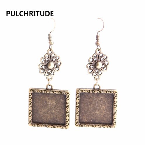 PULCHRITUDE 12pcs/lot Metal Alloy Zinc Flower Connector Fit Square 20mm Cabochon Set Pendant Earing Jewelry Making C0800: 1 as photo