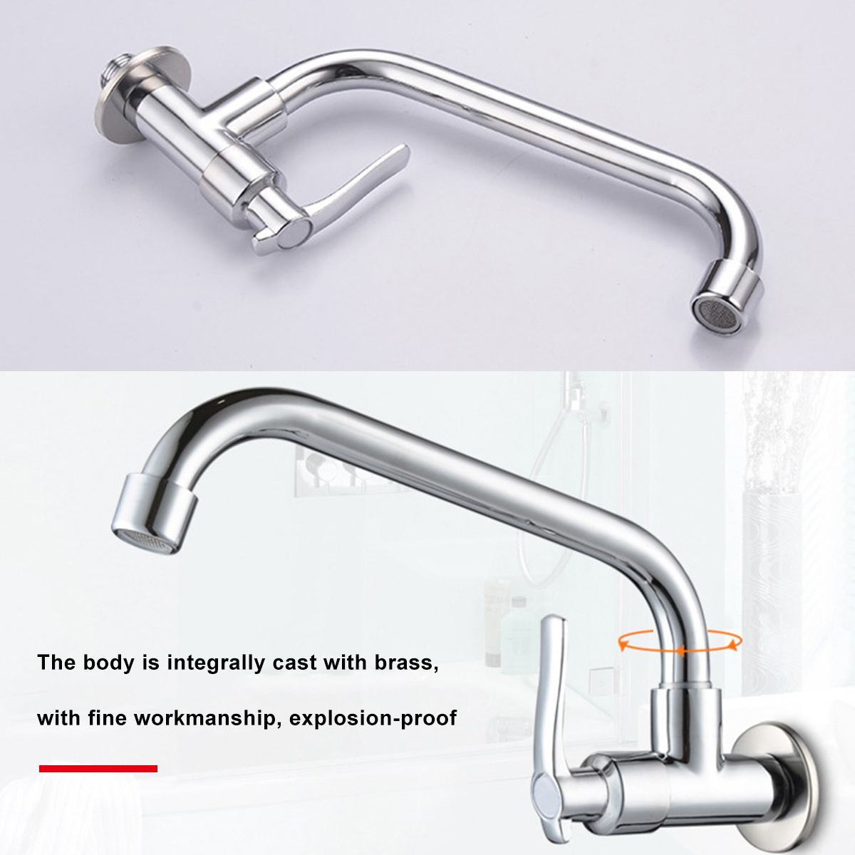 Copper Wall Mount Kitchen 360 Rotating 20cm Basin Sink Faucet Single Handle Cold Tap Basin Sink