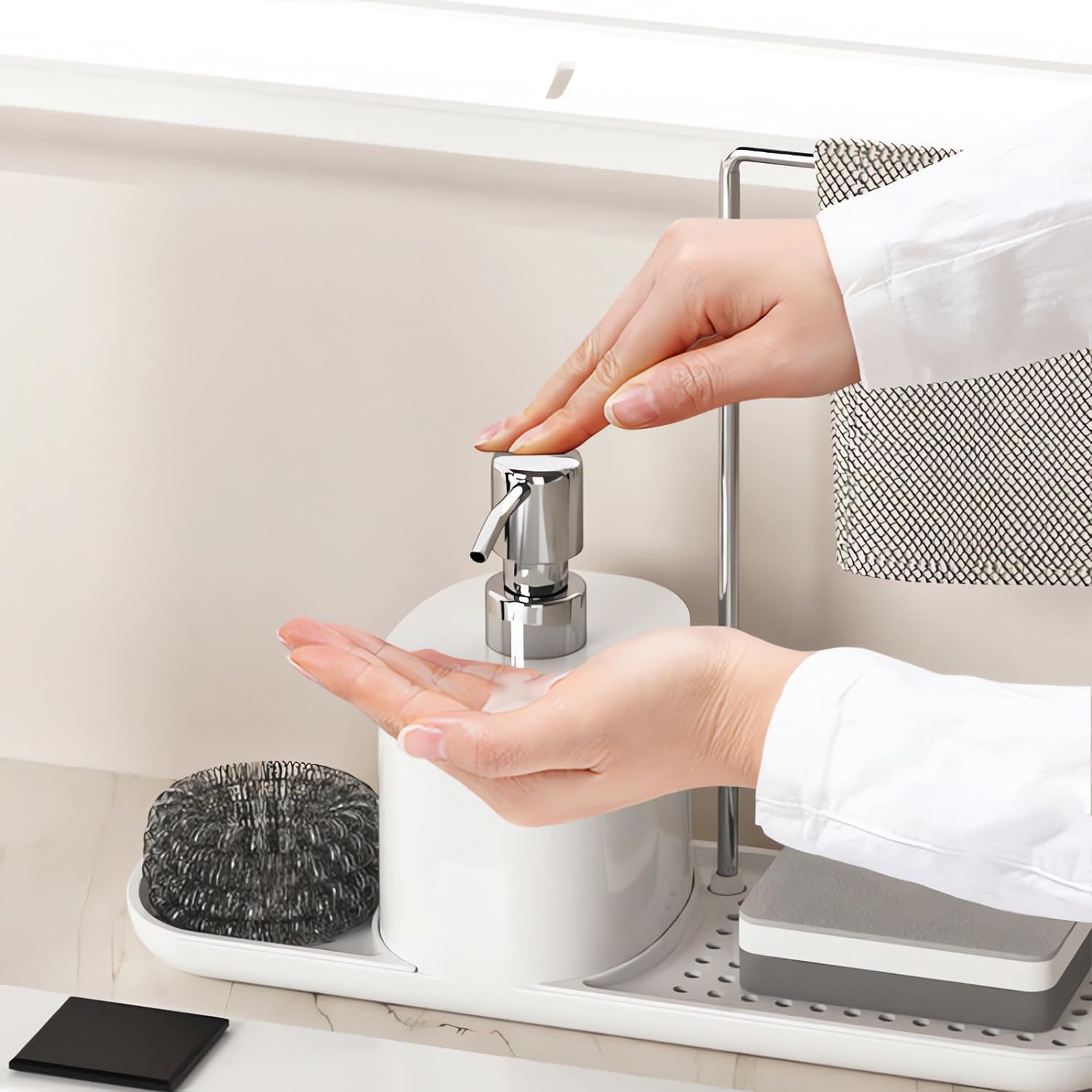 Ensemble distributeur de savon de cuisine avec plateau, porte-éponge, distributeur de savon pour la vaisselle et les mains, organisateur de rangement de cuisine, Gadgets de cuisine,