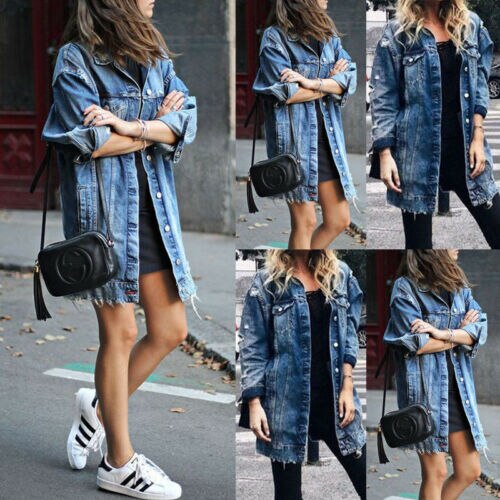 Chaqueta larga para mujer parche Denim rasgado nuevas prendas de vestir agujero Jeans Bule Coat Casual