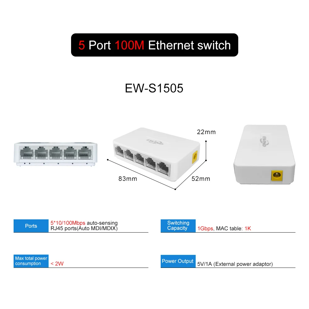 Switch ethernet 10/100/1000mbps, 5/8 portas, adaptador de switch de rede gigabit de desktop, porta rj45 rápida, switch ethernet automático mdi/mdix: BRANCO
