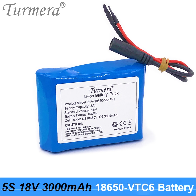 Turmera 18V 21V 3000Mah Reachargeable Lithium Batterij Us 18650VTC6 3000Mah 30A Batterij Met 5S Bms voor 18V Schroevendraaier Batterij
