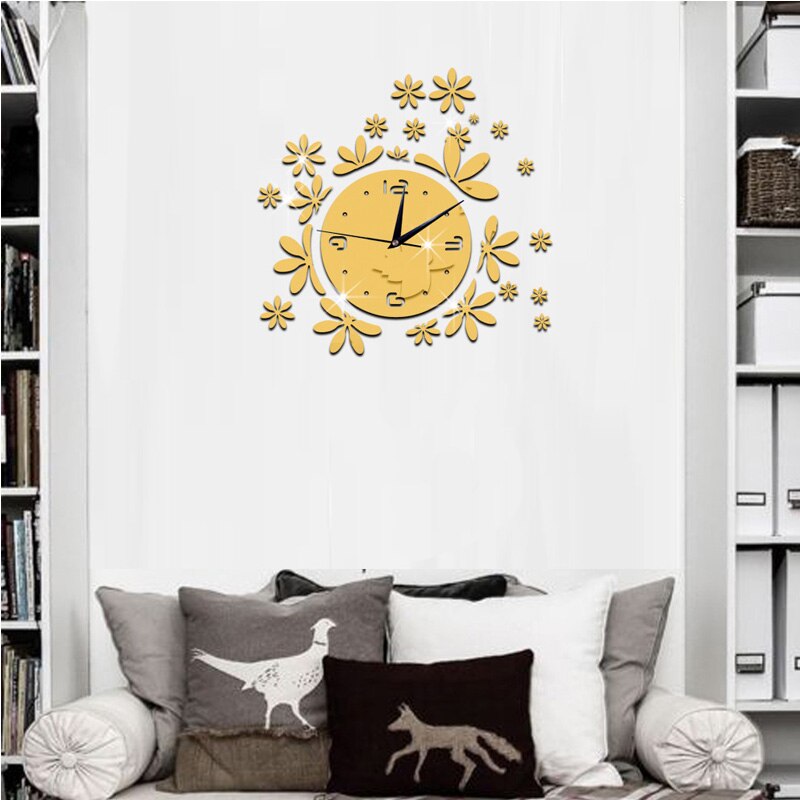 Personality flower acrylic mirror wall clock Children's room home home study bedroom living room wall decoration wall clock
