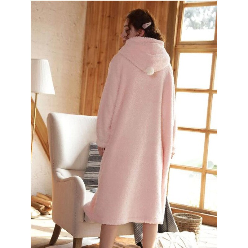 Women Pajamas Solid Color Plush Fleece Dual Pocket Button Up Hooded Robe Long Sleeve One-Piece Winter Nightwear Sleepwear