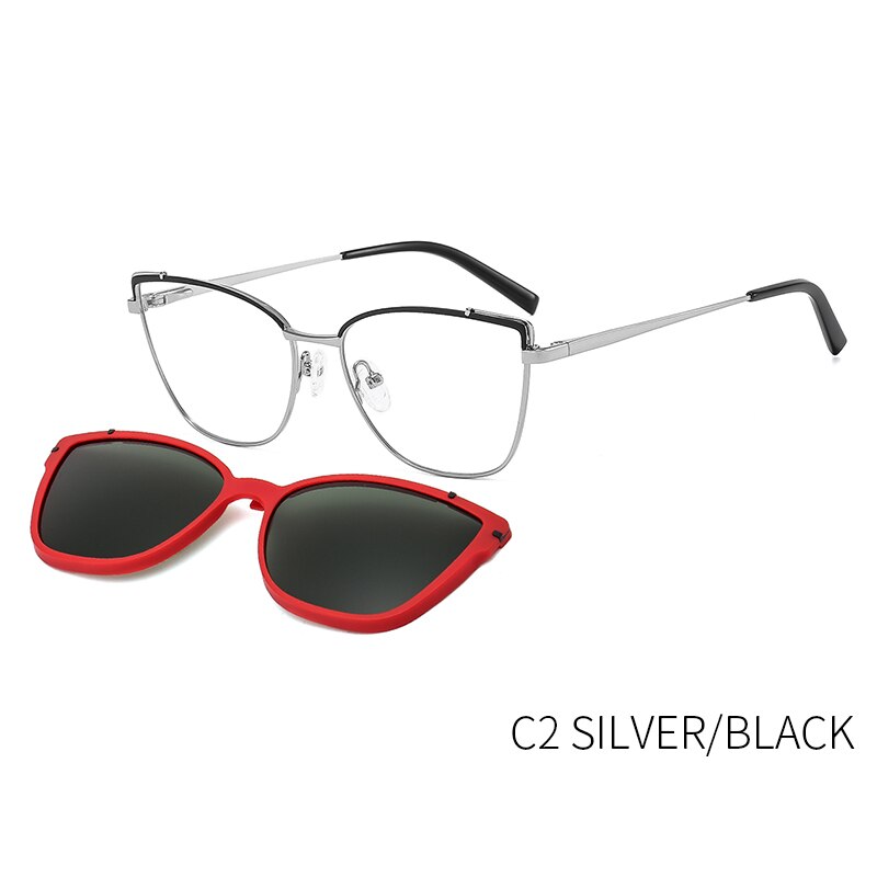 CEOFY – lunettes de soleil rétro polarisées en métal œil de chat pour femmes, monture de lunettes optique pour myopie, Prescription avec Clip,: B23108C2