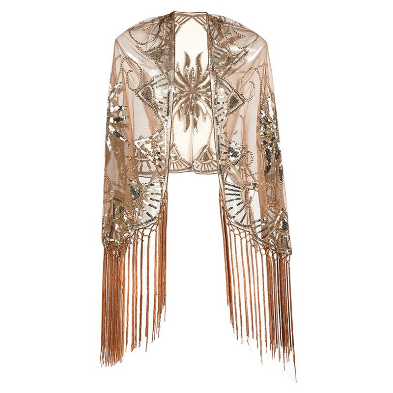 floral paljetter perler frynser kveld pakke inn kamskjell fest brudesjal bolero klaff mesh bryllup deksel  opp 1920s skjerf: champagne skjerf