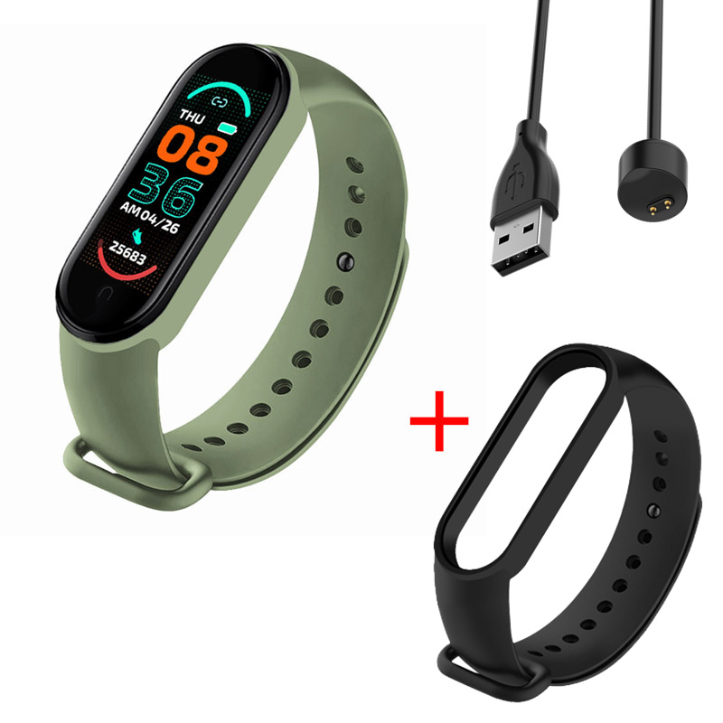 M6 Men&#39;s Ladies Smart Watch Fitness Pedometer Blood Pressure Heart Rate Monitor Digital Watch for Android IOS Phone System: Army Green Black
