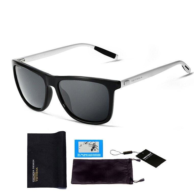 Veithdia mærke unisex retro aluminium +tr90 firkantede solbriller polariseret linse vintage brille tilbehør solbriller til mænd/kvinder: Sort-sølv