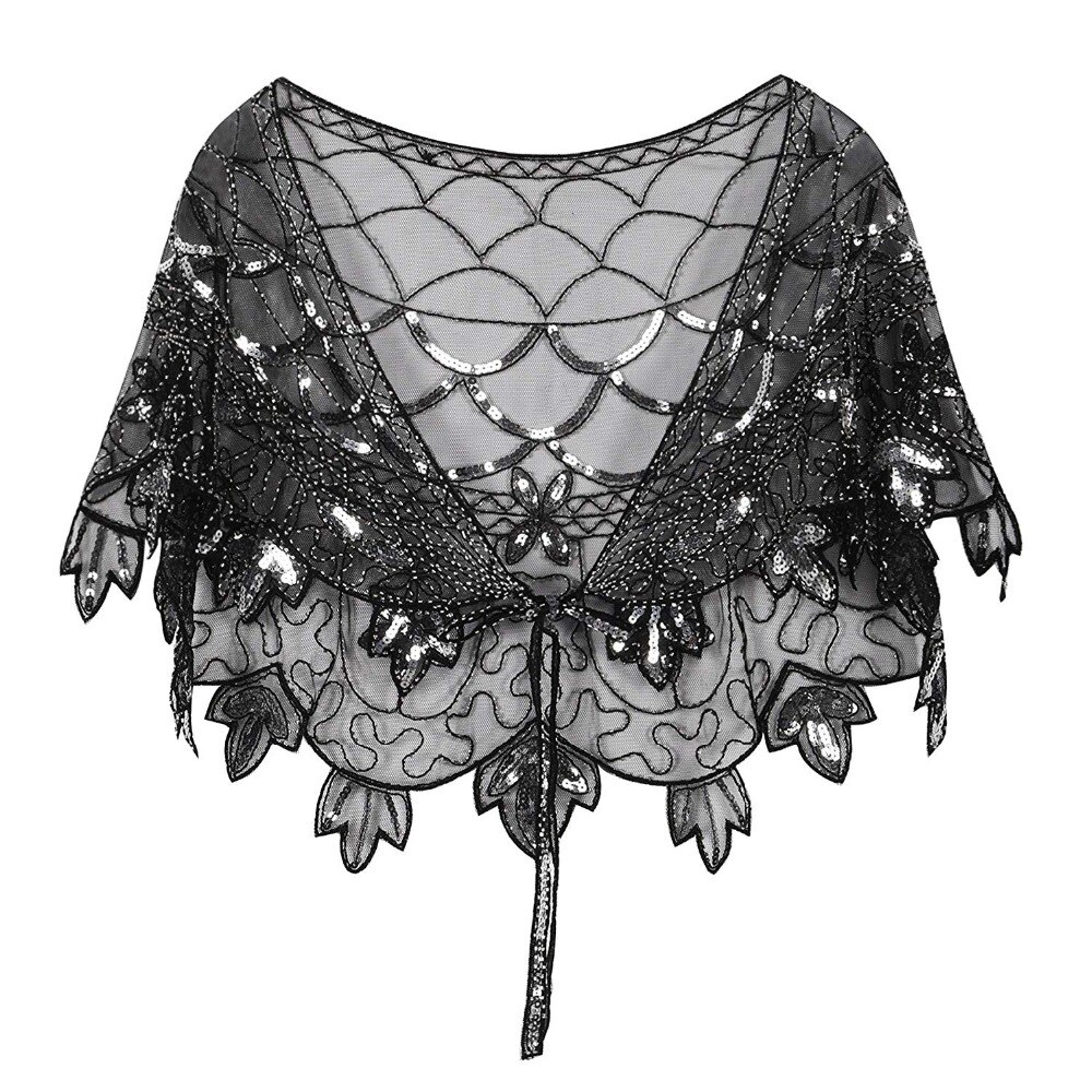 JaneVini Black Handmade Sequined Beaded Wedding Shawls Wraps Bridal Bolero Short Cape Cloak Women Party Accessories: Black Silver