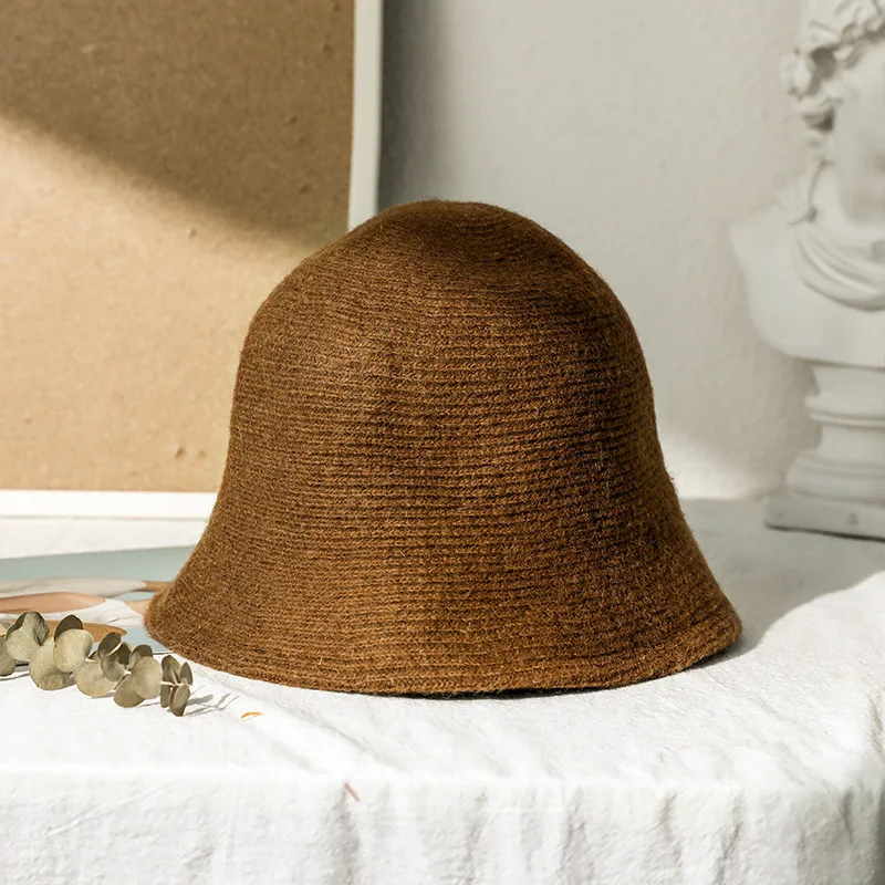 Solid Wool Bucket Hat Women Autumn Winter Fisherman Hat Vintage Knitting Wool Basin Cap: Dark Grey