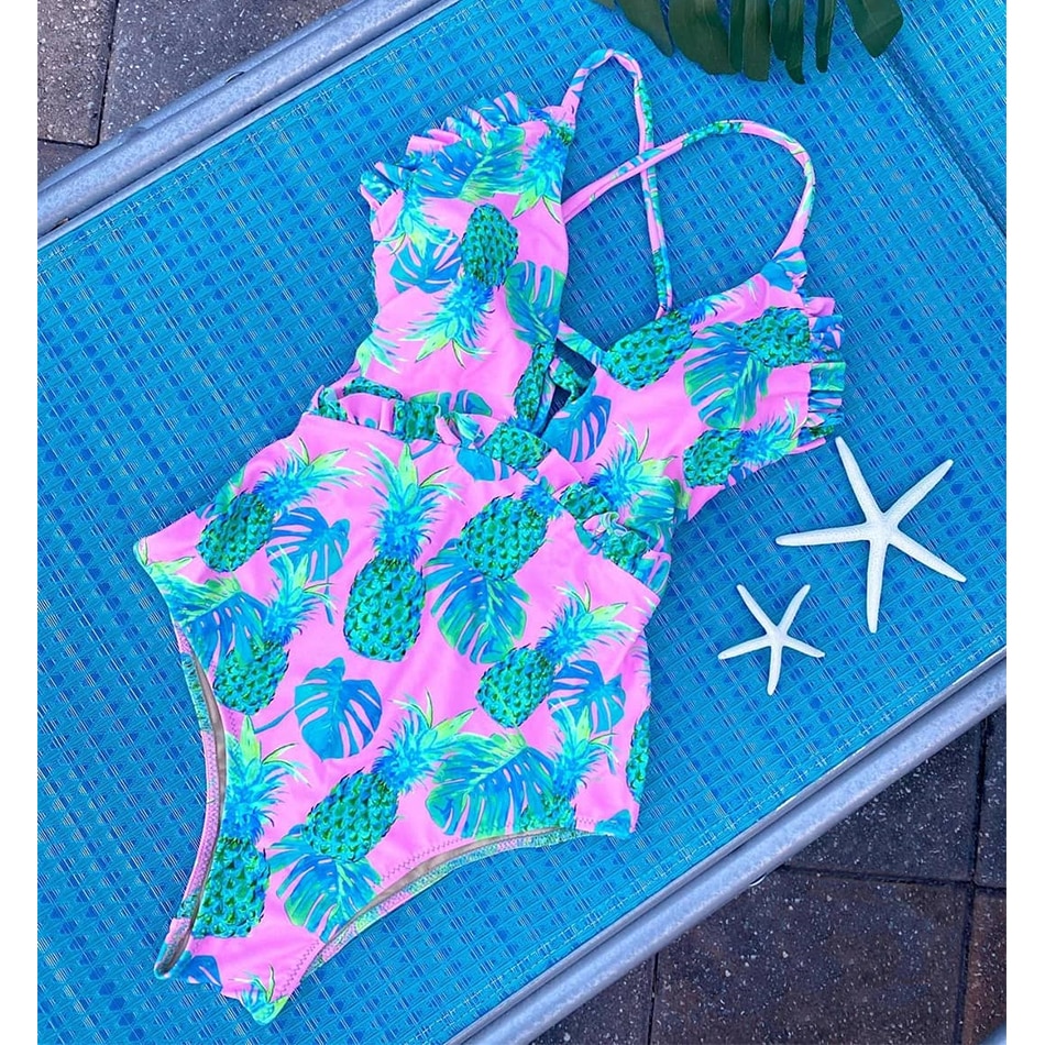 Ananas Gedrukt Vrouwen Een Stuk Badpak Summer Beachwear Padded Push Up Badmode Uitgesneden Badpak Monokini