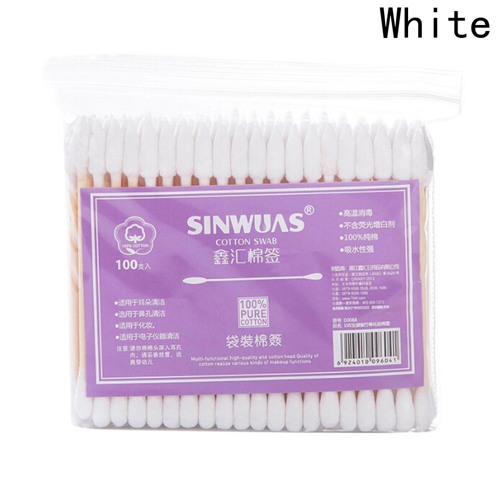 Unids/paquete de bastoncillo de algodón de doble cabeza para mujer, bastoncillos de algodón de maquillaje, punta para palillos de madera, Herramientas de limpieza de nariz y orejas, cuidado de salud, 100: white