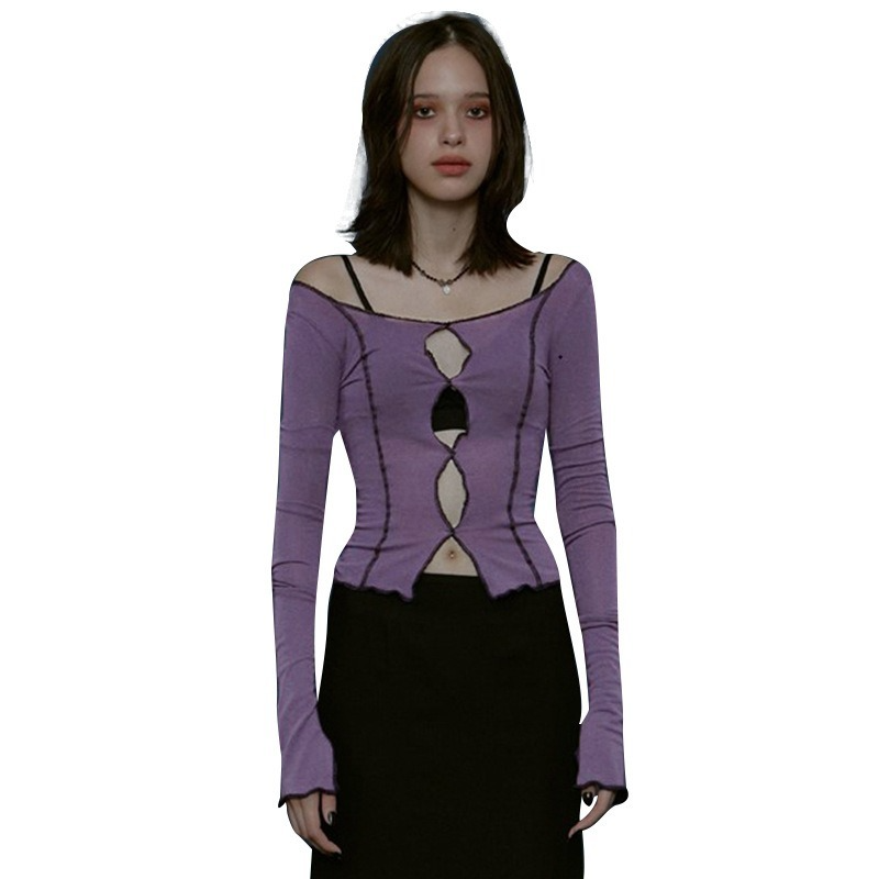 Y2K 90s Aesthetics Solid Hollow Out Long Sleeve T-shirts Vintage Streetwear O-neck Stitch Cropped Tops Autumn Tees