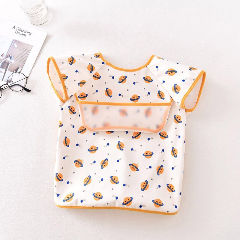 Cute Baby Bibs Short Sleeve Children Apron Waterproof Washable Clothing For Kids Baby Feeding Bibs: white yellow