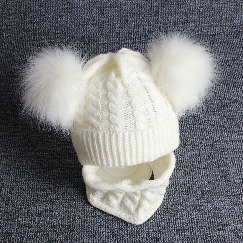 2 stuks/set winter baby muts sjaal schattige dubbele pompon mutsen sjaals gebreide warme baby jongen meisje muts o ring sjaal: 1-3 jaar wit