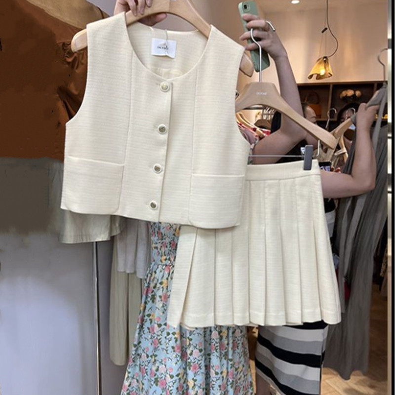 Sommar xiaoxiangfeng damset med fransk väst + hundrafaldig halvkjol i två delar, trendigt: Xl / Beige