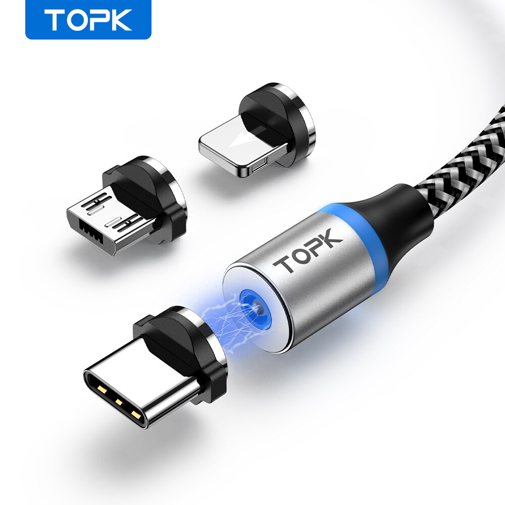 Magnet ladekabel 3 in 1 topk 360 rotation magnet telefon ladekabel mit led-licht für micro usb typ c kabel: green / 0,2 mt