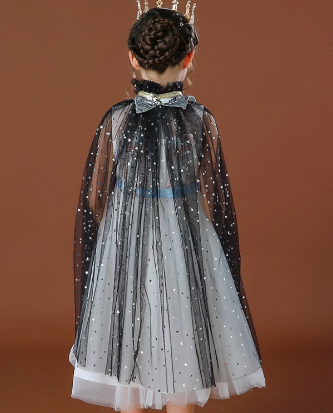 Girl’s Summer Gauze Double-Breasted Lace-Up Princess Cloak with Shinny Star Moon Patterns for Pantomime Play: Black / M