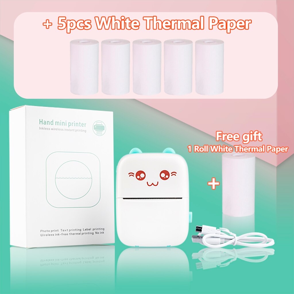 Portable Thermal Printer Paper Photo Pocket Cat Thermal Printer 57mm Printing Wireless Bluetooth Android IOS Printers For Child: Blue 5 White Paper