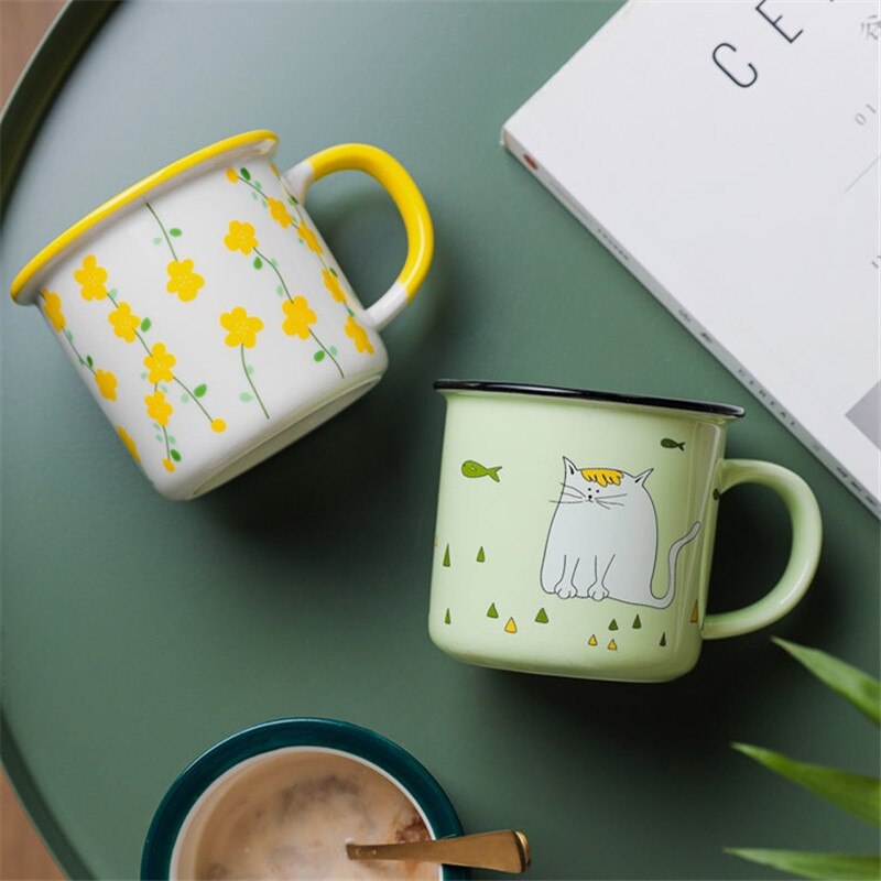 Nordic Ceramic Retro Coffee Mug Simple Small Flower Office Teacups Imitation Enamel Milk Juice Cup Household Drinkware